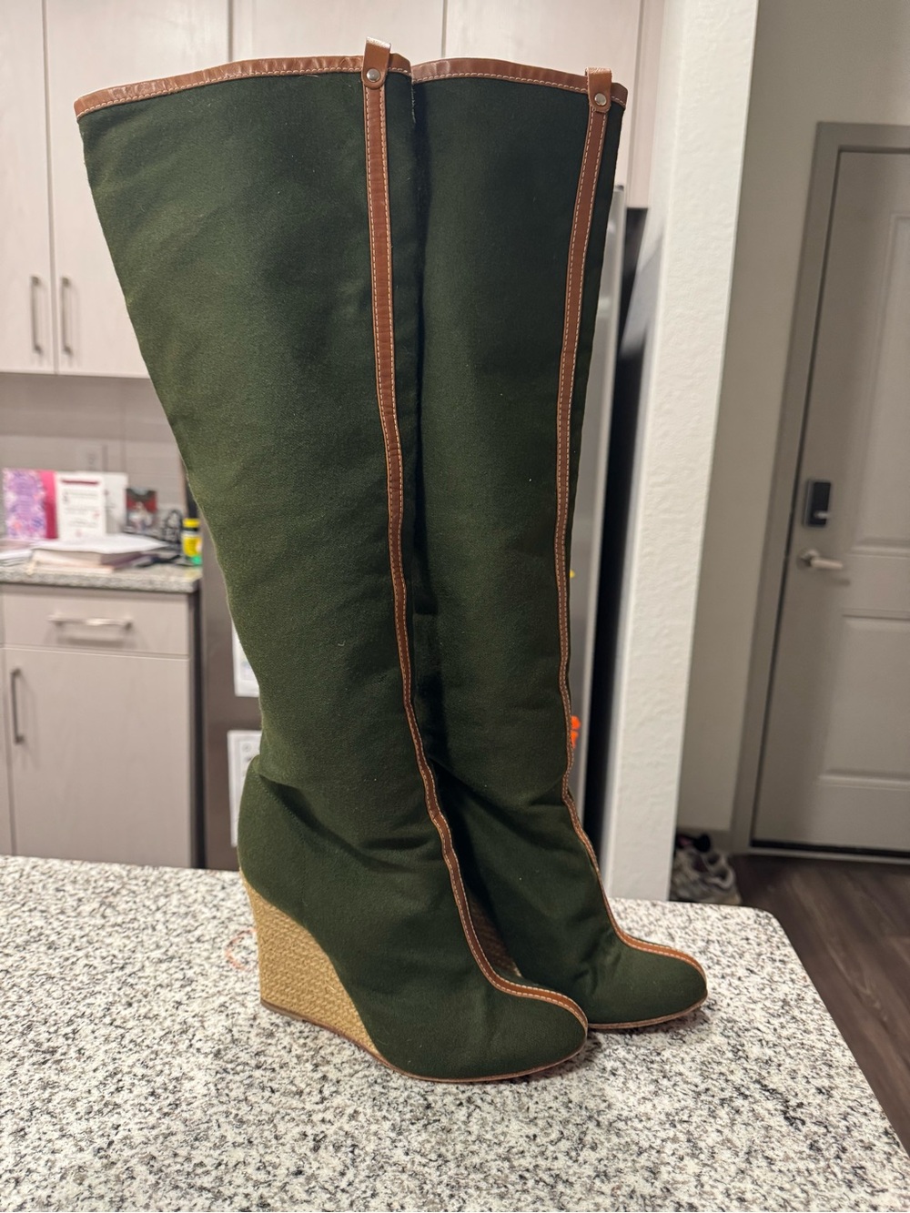 Christian Louboutin Olive Green Canvas Wedge Boots with Leather Brown Trim